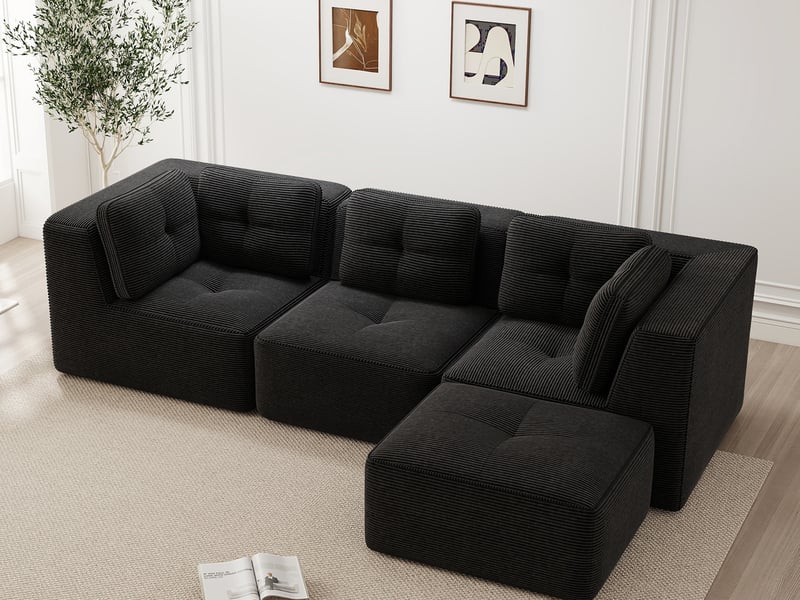  Canapé modulable d’angle en l 3 places avec ottomane en velours côtelé noir, sans montage  - Conforama B