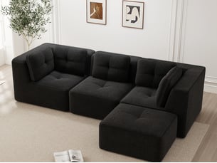 Canapé modulable d’angle en l 3 places avec ottomane en velours côtelé noir, sans montage