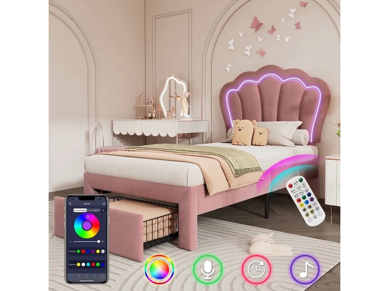  Lit enfant 90x200 velours rose - cadre avec tiroir, led rgb connectée et tête de lit réglable  - Conforama B