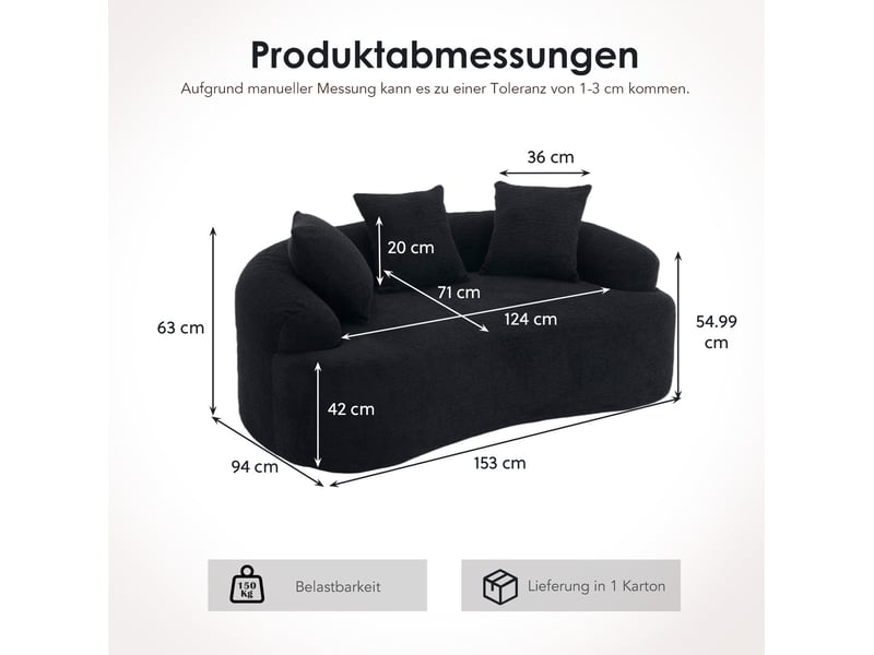 Canapé compressé 2 places incurvé en chenille noire, 3 coussins décoratifs - Conforama C