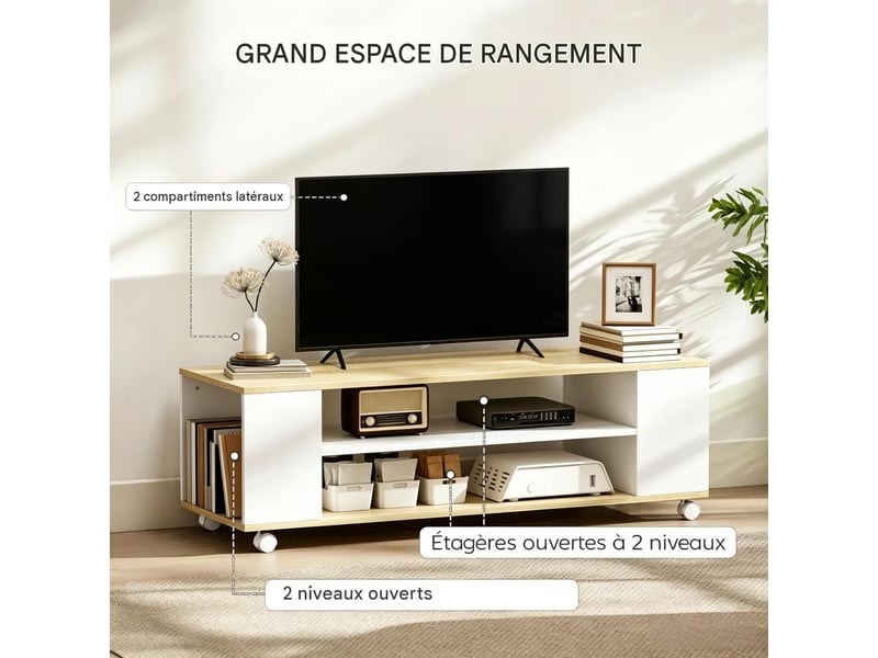  Meuble tv à roulettes ou mural avec rangements blanc et naturel 120 x 40 x 38.5 cm T5828P553678 - Conforama E