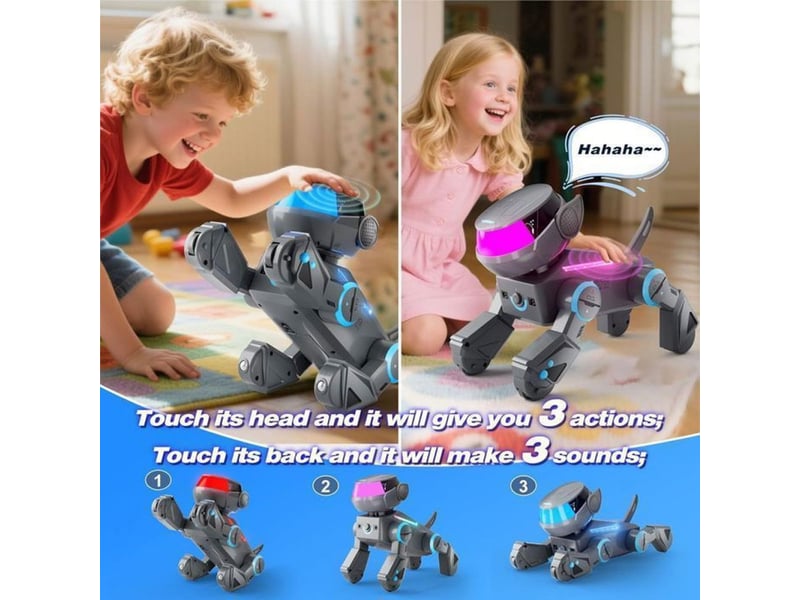  Chien robot programmable bluetooth avec leds rgb et télécommande 100 actions, gris 151498_AABBF23536_6_DROPFR - Conforama E
