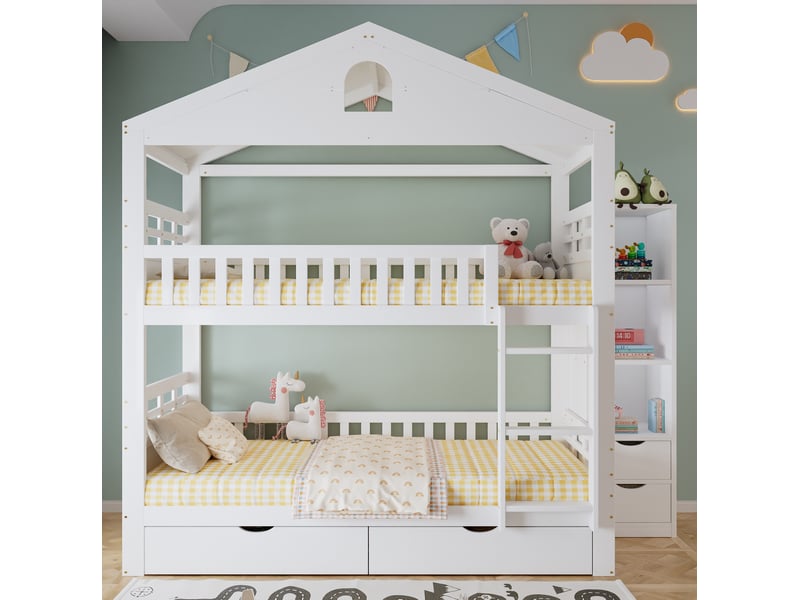 Lit superposé enfant 90 × 200 cm 2 places avec 2 tiroirs, rangement latéral et barrières, sans matelas, blanc  - Conforama C