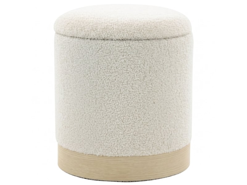  Pouf rond crème 38 cm avec revêtement sherpa, rangement et pied métal effet bois  - Conforama A
