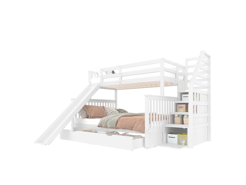  Lit superposé enfant 90x200 et 140x200 cm avec toboggan et tiroirs blanc  - Conforama A