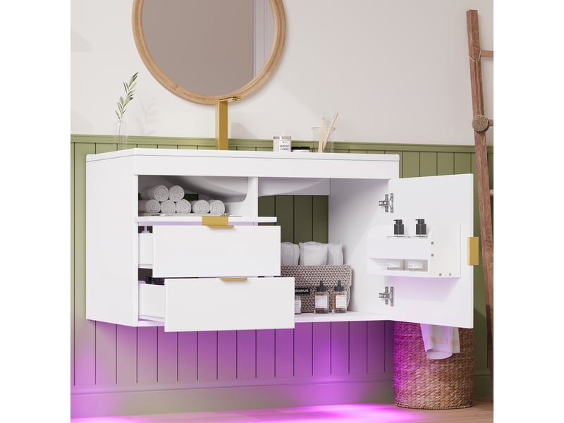 Meuble sous vasque mural avec 2 tiroirs, 1 compartiment et led avec application pour salle de bain en mdf, 77×47×51 cm, blanc - Conforama C