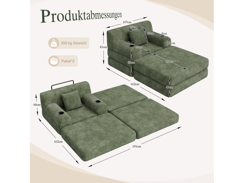 Fauteuil convertible 1 place avec repose-pieds, 4 poches et 2 porte-gobelets en velours côtelé vert - Conforama C