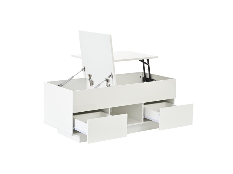  Table basse relevable 100 x 45 x 43 cm avec 2 tiroirs, table d'appoint laquée brillante avec éclairage led, table console, table basse, table de salon avec rangement dissimulé, blanc, panneaux de particules  - Conforama D