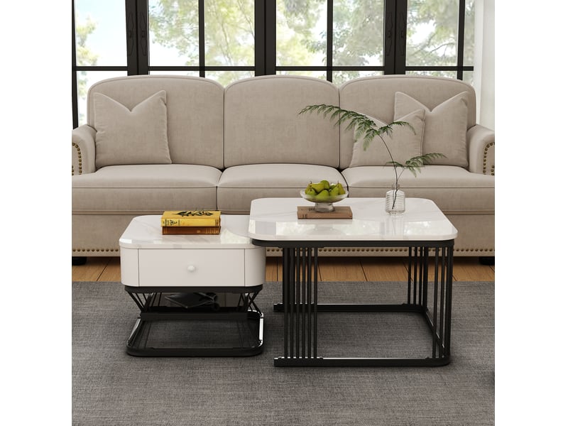  Tables basses gigognes avec 1 tiroir et niche ouverte, plateau brillant effet marbre, pour salon, blanc et noir  - Conforama D