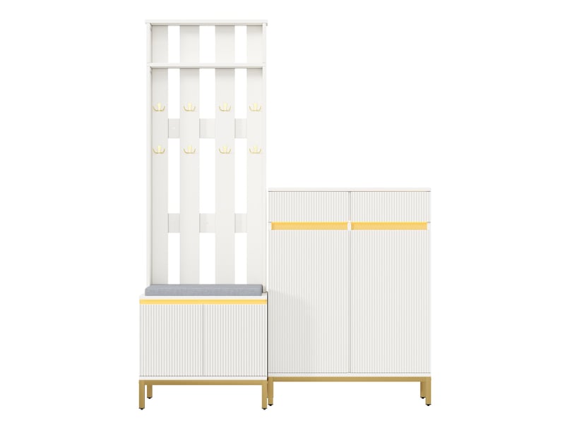  Ensemble d’entrée avec meuble à chaussures, banc, patères, rangement et led avec appli  - Conforama A
