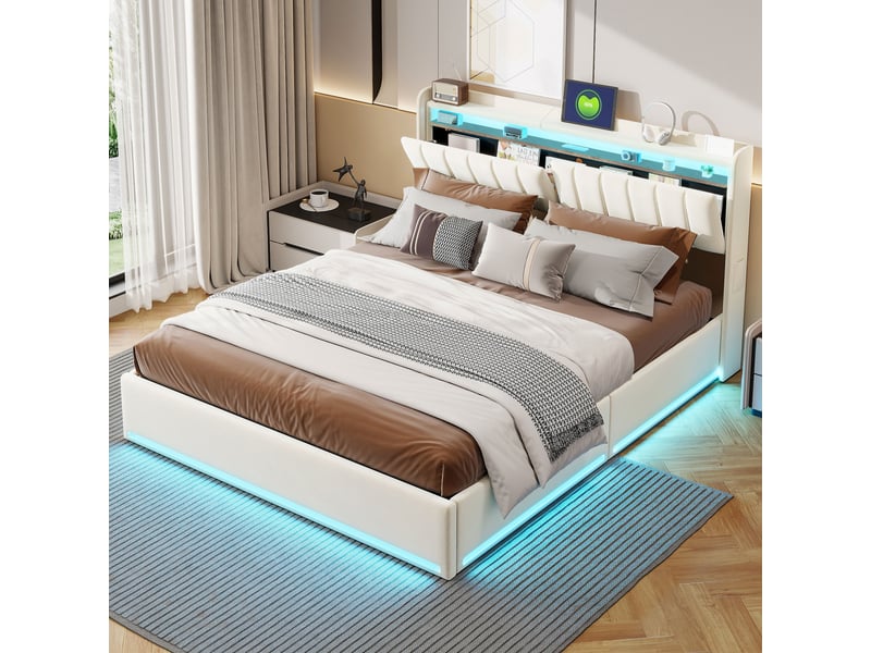  Lit double 140 x 200, lit coffre 140 x 200, éclairage led, port usb et type-c, table de chevet avec rangement, tissu de velours, beige  - Conforama B