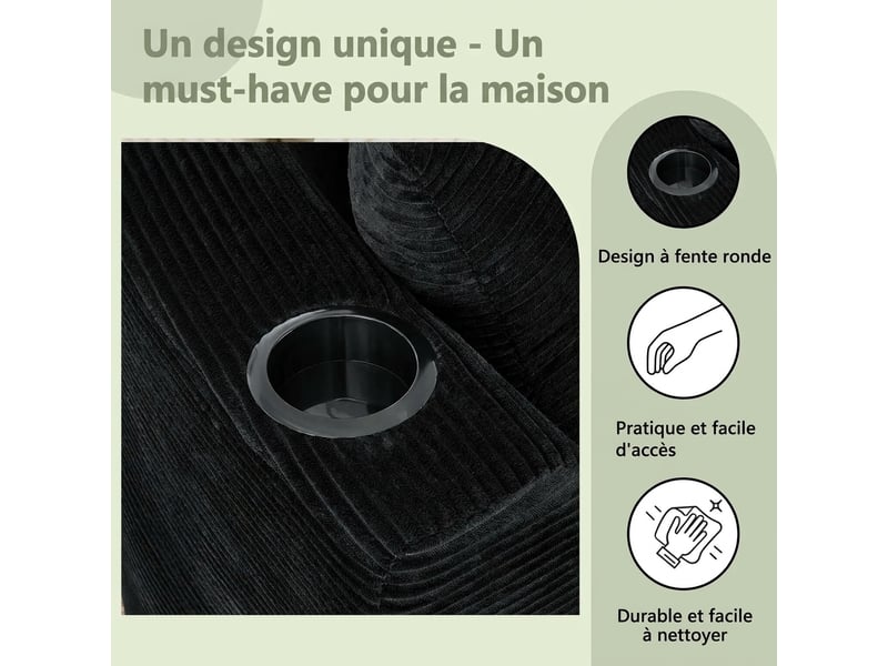  Canapé 3 places avec méridienne gauche design courbé velours côtelé doux porte-gobelets noir  - Conforama D