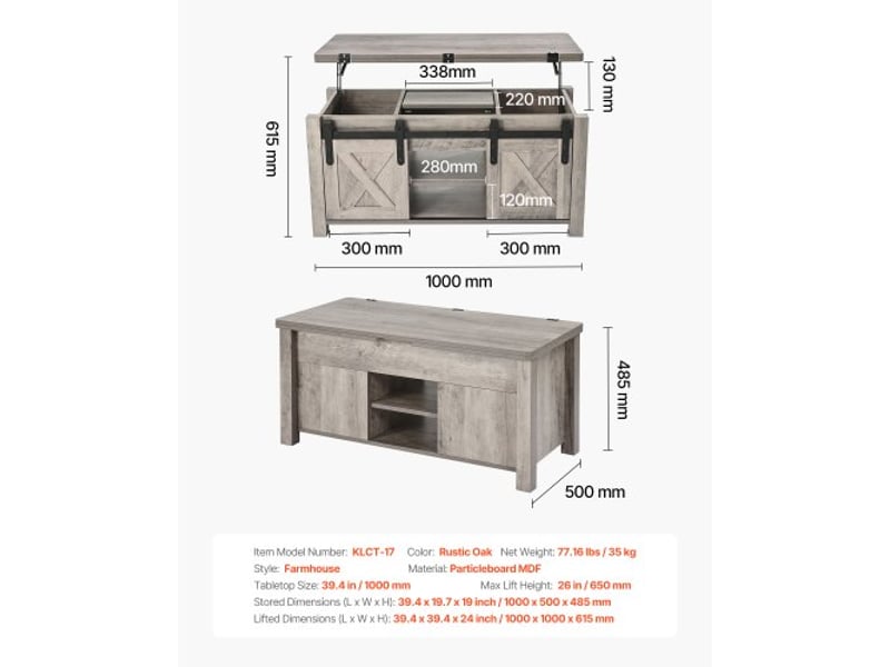  Table basse à plateau relevable rectangulaire, 1000 x 500 x 485 mm, table de salon avec porte de grange et compartiment de rangement dissimulé pour bureau, maison, couleur du chêne rustique  - Conforama D
