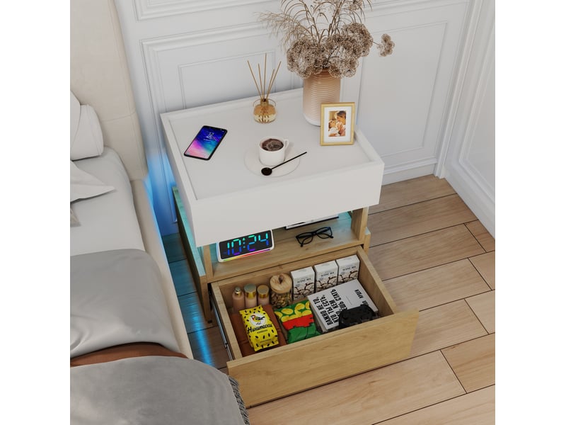 Table de chevet 2 tiroirs led et charge sans fil 50x40x50 cm blanc et bois naturel  - Conforama B