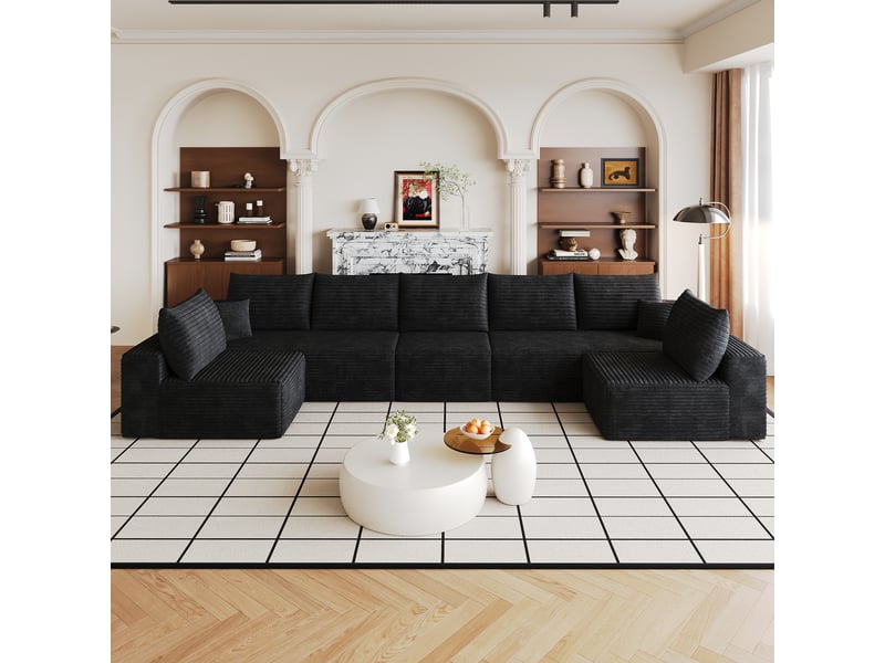 Canapé d'angle noir modulable avec méridienne en tissu côtelé rayé design moderne pour salon - Conforama W