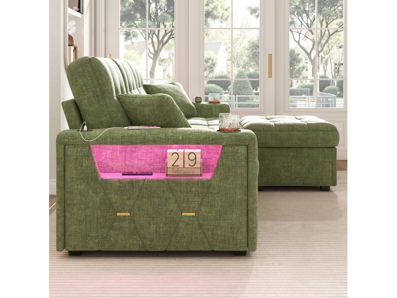  Canapé droit 3 places 194,5x133x83 cm avec rangement, led, usb-c, pouf, tissu chenille vert  - Conforama R