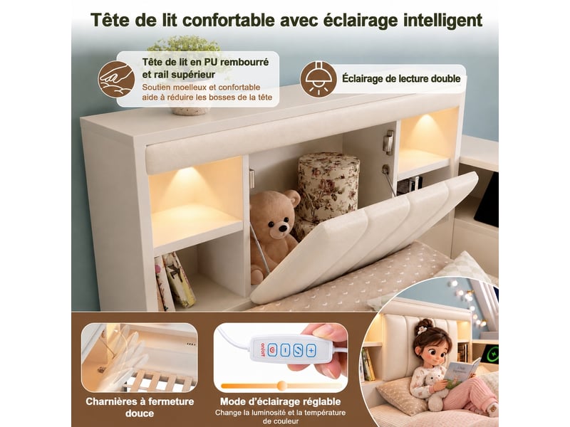  Lit gigogne 140 x 190 cm, tête de lit rembourrée, rangement, usb, blanc  - Conforama D