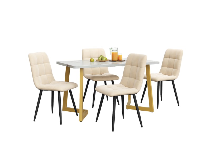  Table à manger rectangulaire avec 4 chaises, plateau effet marbre 117 cm, sièges en velours beige et pieds dorés  - Conforama A