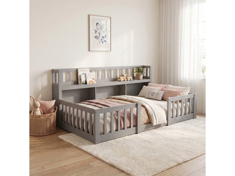  Lit simple 90x200 cm, lit enfant avec bibliothèque et barrières, lit au sol montessori en bois, sommier, gris  - Conforama B