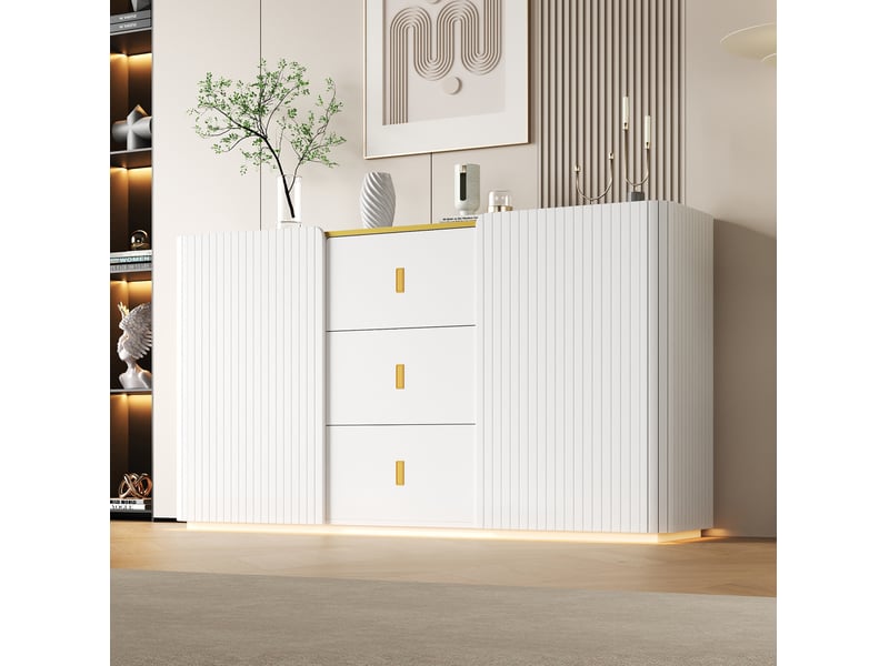  Buffet blanc avec éclairage led 22 couleurs, 2 portes et 3 tiroirs - 150 x 35 x 80 cm  - Conforama D