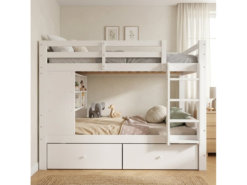  Lit superposé modenvie 90 x 200 cm blanc avec 2 tiroirs étagère ouverte échelle et barrières de sécurité en bois  - Conforama E