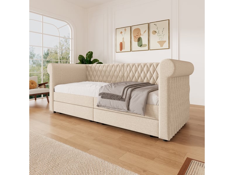 Lit jeune 90x200 cm avec 2 tiroirs et dossier incurvé, lin, beige, sans matelas  - Conforama B