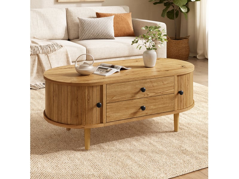 Table d'appoint 100x50x40 cm, espace de rangement, portes coulissantes, 2 tiroirs, table appoint salon, en mdf, chêne - Conforama D