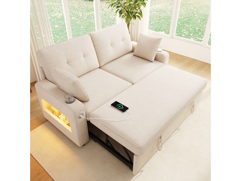  Canapé convertible 2 places beige en chenille avec port usb et type-c  - Conforama D