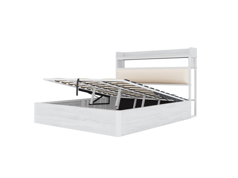  Lit coffre adulte 180x200 cm – blanc – rangement hydraulique, usb et tête de lit rembourrée - sans matelas  - Conforama D
