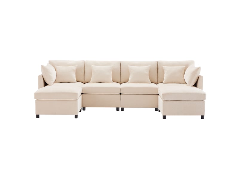  Canapé modulable ulevr 6 places convertible en u ou l, 278 x 161 cm, tissu chenille beige, 2 poufs et 6 coussins  - Conforama A