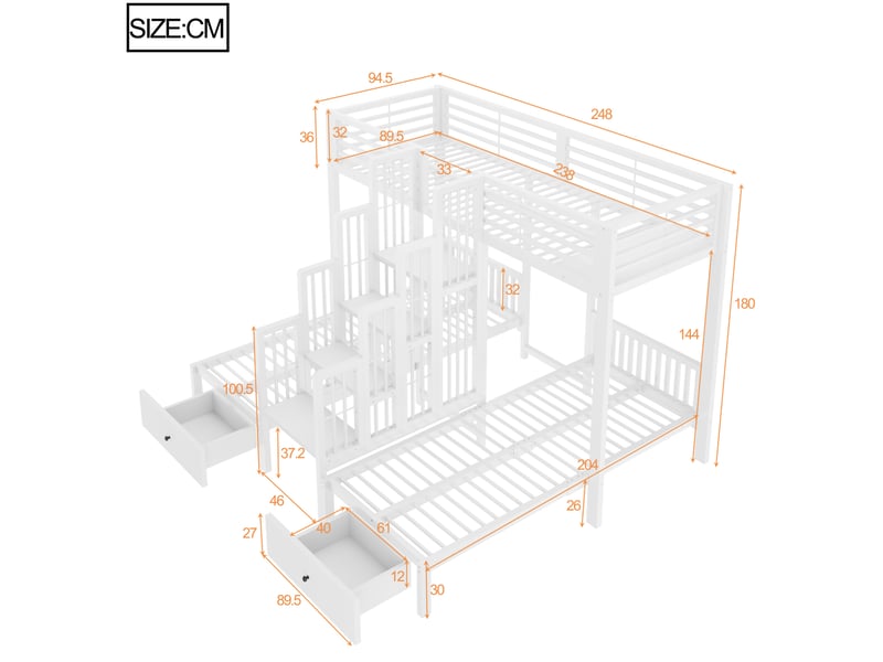  Lit superposé triple modenvie 90 x 200 cm escalier central tiroirs blanc  - Conforama C