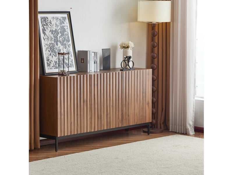  Buffet 150x40x80 cm à portes ondulées 3d avec étagères réglables en mdf coloris naturel  - Conforama D