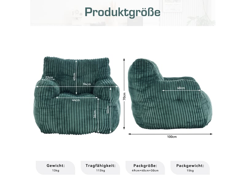 Fauteuil pouf avec rembourrage en mousse à mémoire de forme pour intérieur en velours côtelé vert 100 × 94 × 70 cm - Conforama C