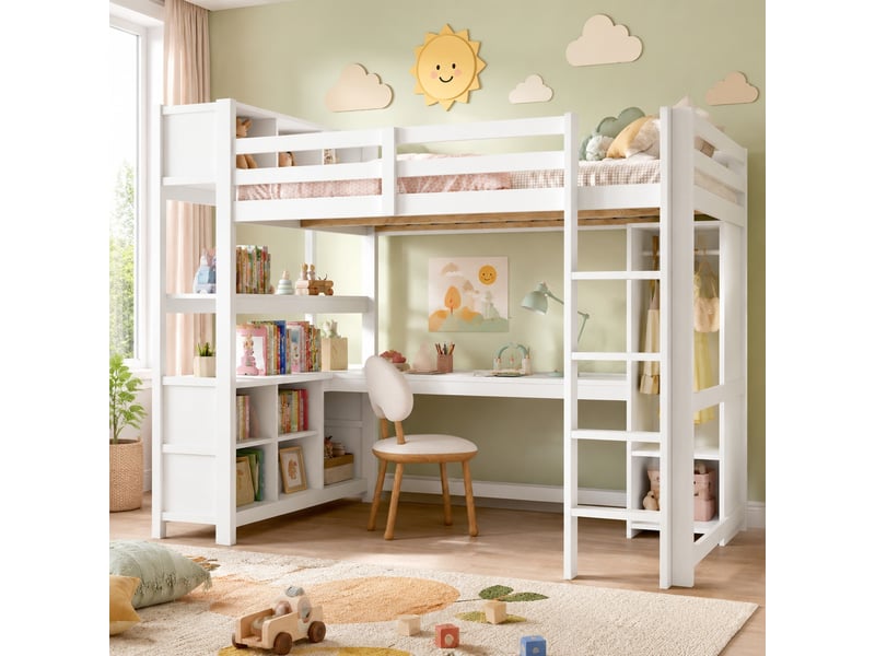  Lit mezzanine 200×140 cm avec bureau, armoire et étagères, sans matelas, en pin, mdf et contreplaqué blanc  - Conforama B