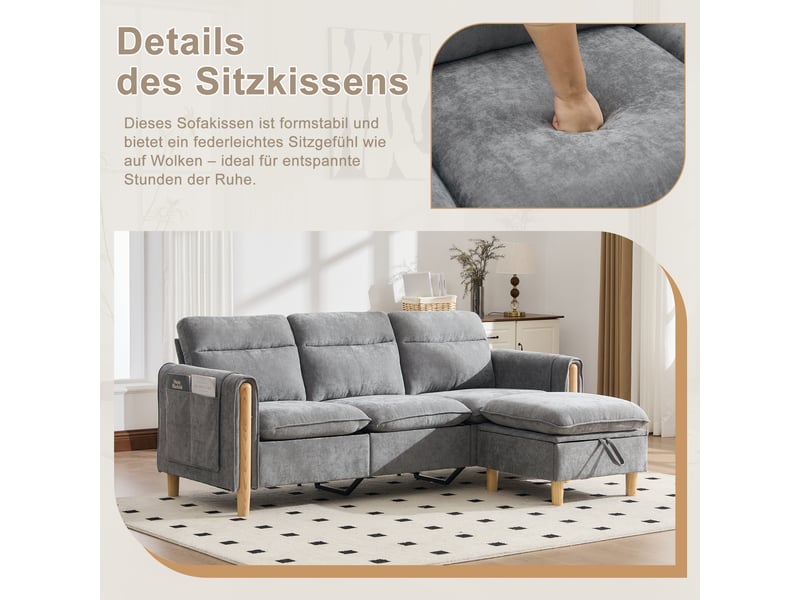  Canapé d'angle, canapé 3 places, en chenille, poches latérales, avec pouf, pour salon et séjour, adapté à l'espace de vie  - Conforama R