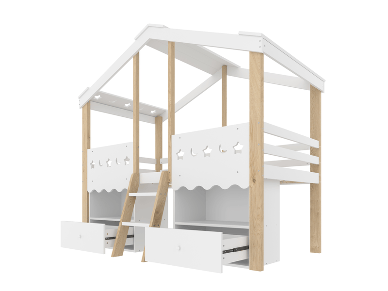  Lit mezzanine maison 90x200 cm avec led, 2 tiroirs, bois, blanc et naturel sans matelas  - Conforama A