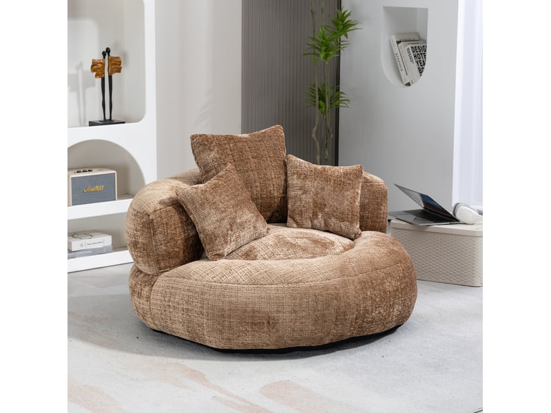  Fauteuil pouf rond fixe en tissu café avec 3 coussins, assise moelleuse pour votre espace détente intérieur  - Conforama E