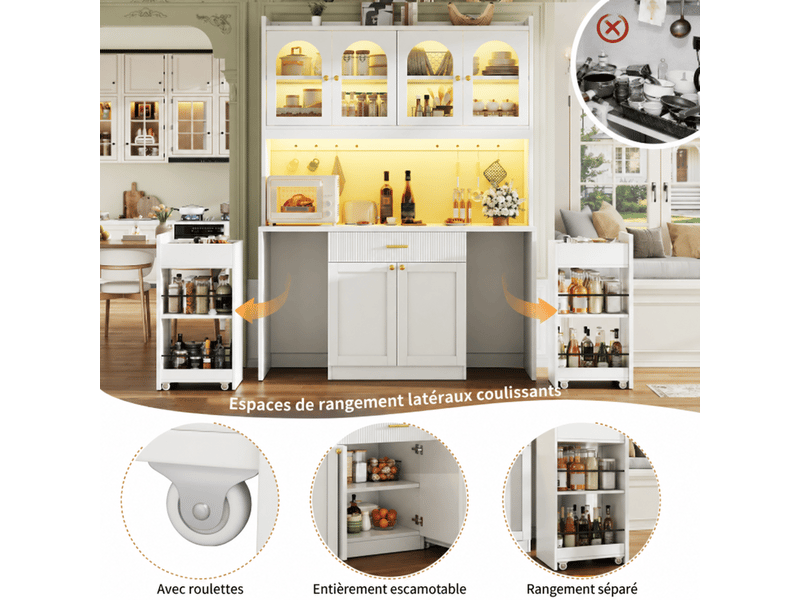  Buffet haut cuisine 120x40x187 cm avec led rgb, 3 vitrines en verre, tiroirs et rangements coulissants, mdf OMNIGLINT TRADING LTD - Conforama E