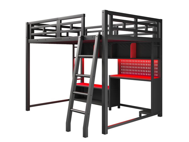  Lit superposé en métal 140x200 avec bureau style gaming, éclairage led et étagères de rangement, noir et rouge  - Conforama E