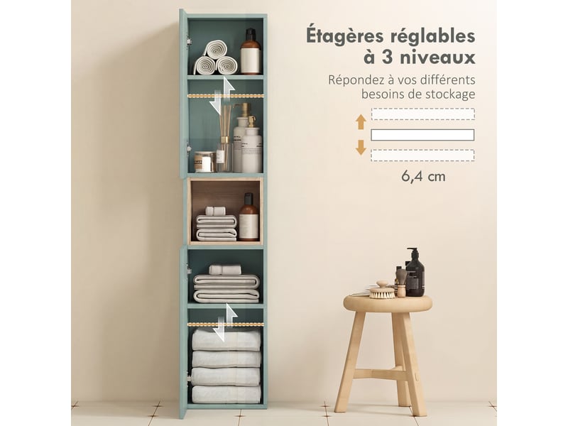  Meuble colonne de salle de bain 2 portes étagère ouverte vert 30 x 24 x 140 cm  - Conforama E