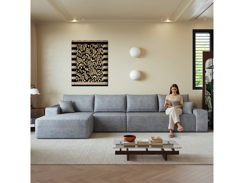  Canapé d'angle modulable 4 places en velours côtelé gris, 340 x 175 x 83 cm, méridienne gauche, sans montage, livré compressé, assise profonde CARDUME ESTIVAL - Conforama E