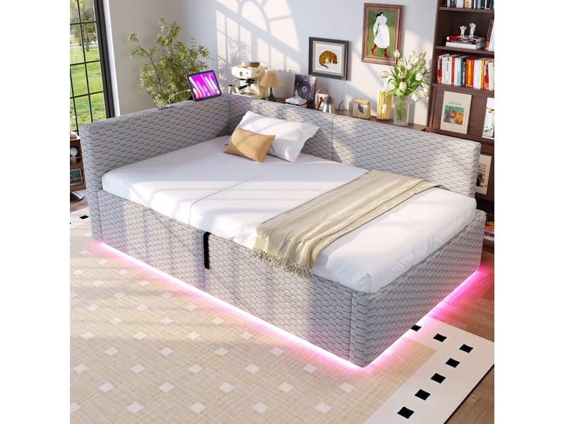  Modenvie lit coffre 90x200 cm - avec rangement, led et usb-c, sans matelas - gris  - Conforama D