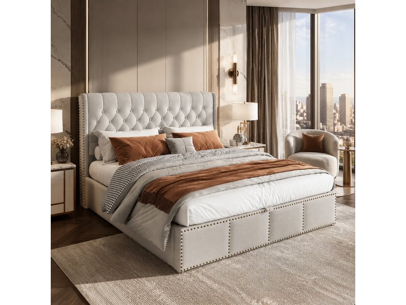  Lit coffre rembourré gris 140 x 190 cm avec sommier à lattes, sans matelas  - Conforama C