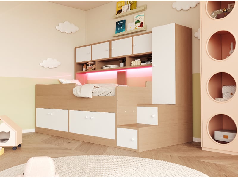 Lit enfant 90x200 cm avec rangement, armoire, led, barrière sécurité, escalier, aggloméré mdf blanc naturel - Conforama W