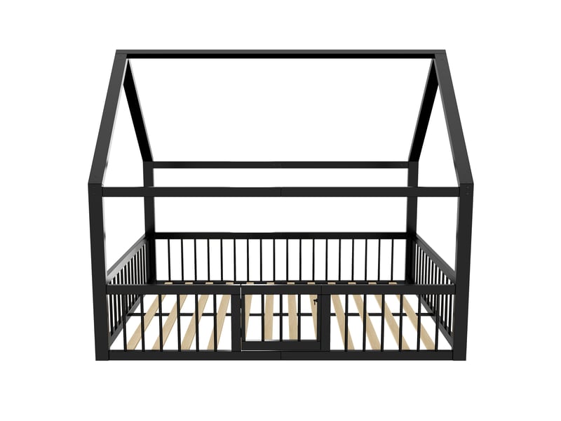 Lit enfant métal noir 140x200 cm style maison avec garde-corps sans matelas - Conforama A