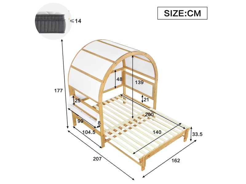  Lit enfant extensible 140x200 cm avec toit voûté et tablette latérale, lanc et bois naturel  - Conforama C
