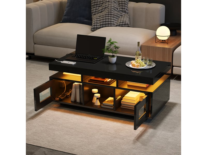  Table basse noire brillante 100x50x43 cm, table de salon avec led contrôlée par app, prises et usb, rangement acrylique  - Conforama C