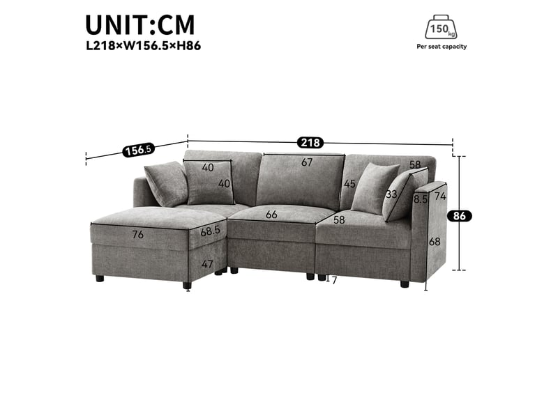 Canapé d'angle en l avec pouf modulable, 3 à 4 places en tissu chenille gris, accoudoirs réglables, idéal pour salon et appartement - Conforama C