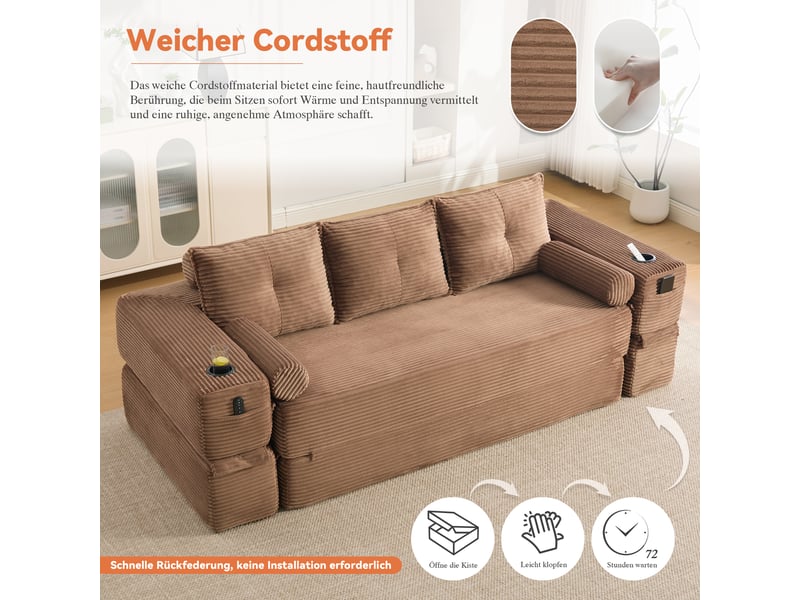 Canapé droit convertible 3 places en velours côtelé marron 232x98x80 cm, poches, porte-gobelet, salon séjour 232x98x80cm - Conforama E