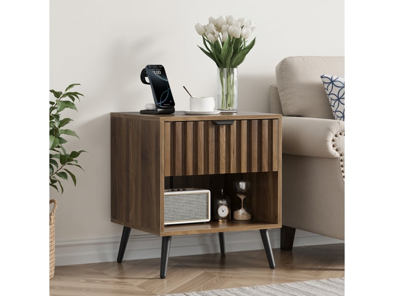  Table de chevet moderne, tiroir et niche ouverte, meuble de rangement chambre et salon, confortable, mdf, noyer et noir  - Conforama E